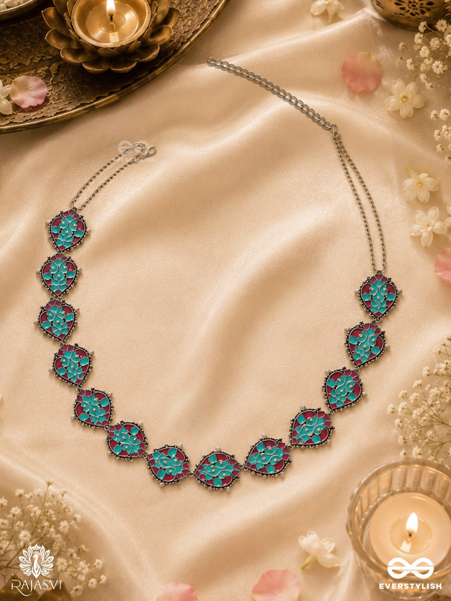 Neelambi – Oxidised Waist Chain With Turquoise Diamond Motifs And Red Accents