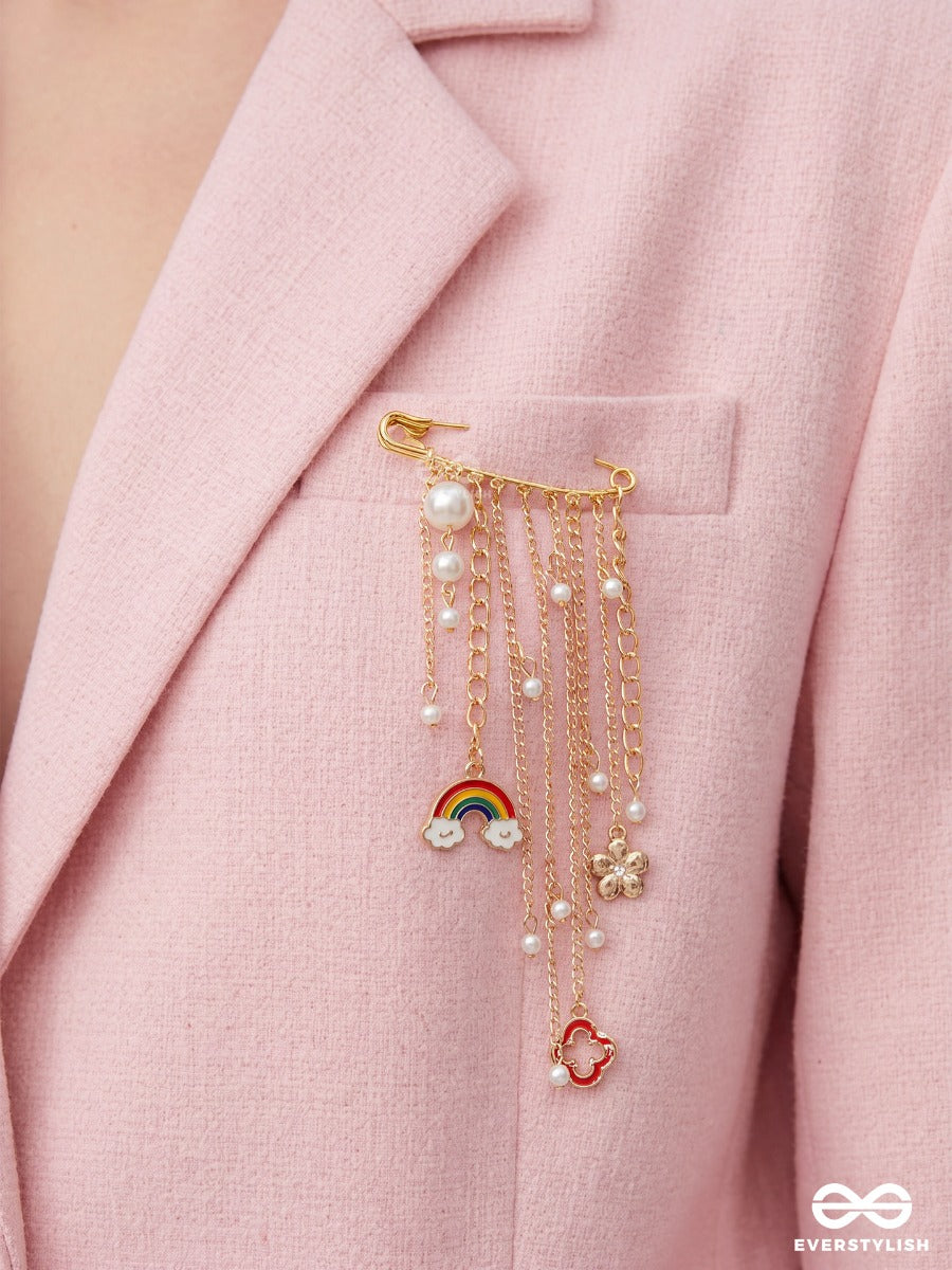 Cloud Charm – Gold-Tone Brooch Pin With Cloud, Heart And Star Charms
