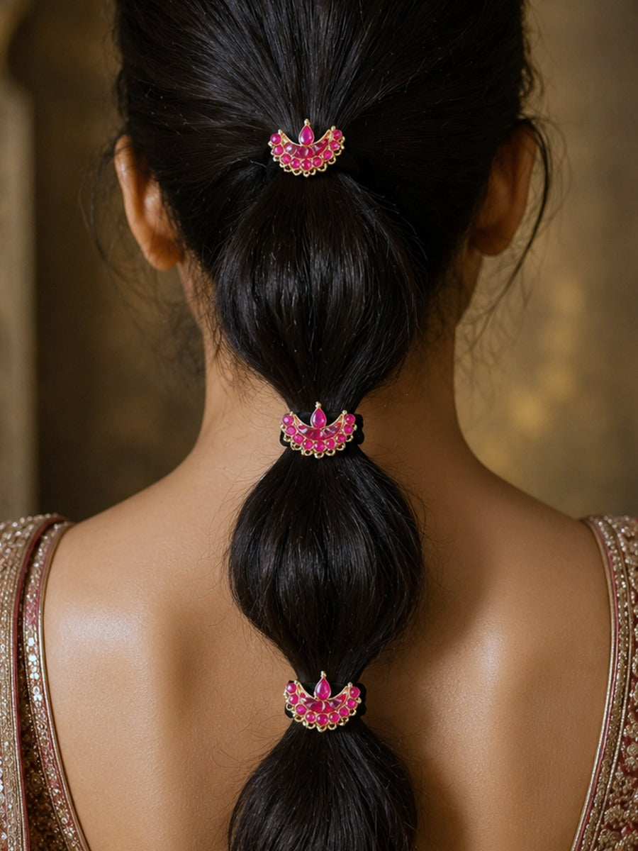Shonali - Crimson Glow - Pack Of 3 Hair Accessories With Ornate Crescent Motifs, Pink-Red Enamel And Golden Details