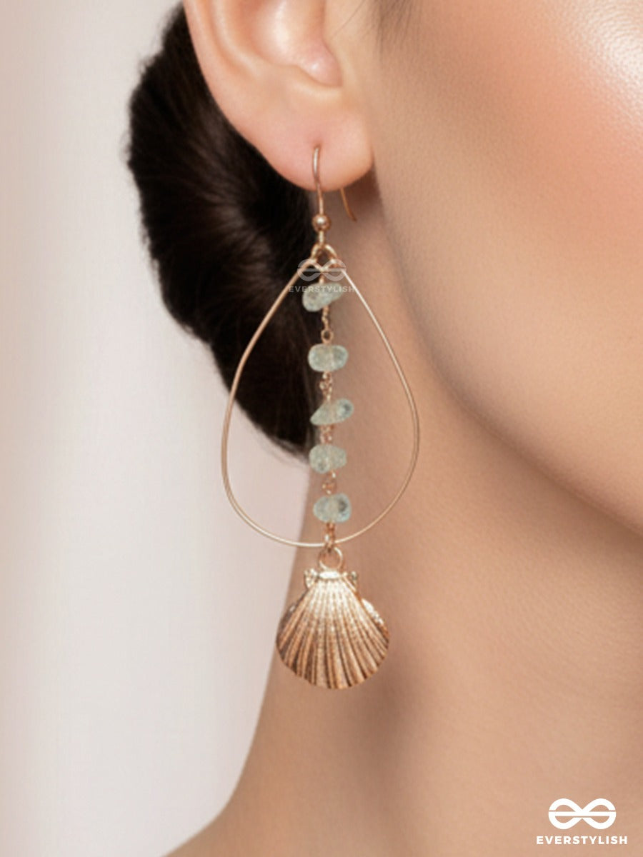 Ocean Crest – Shell Charm Earrings With Gold Teardrop Earrings And Faceted Aqua Stones