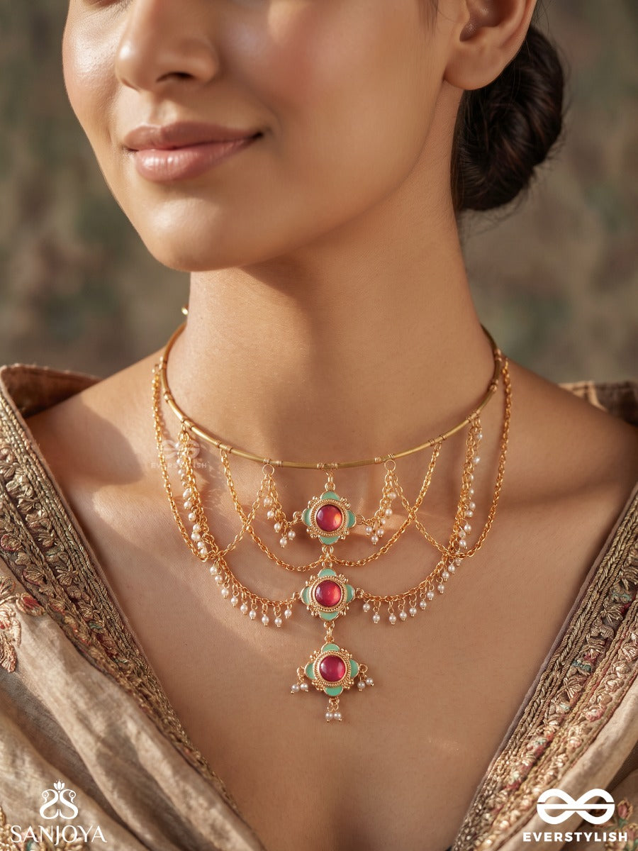 Rajeshwari – Royal Goddess – Heritage Hasli Necklace With Layered Chain Drapes, Ruby Floral Motifs And Pearl Accents