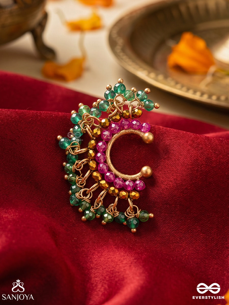 Chandrarangi – Coloured Moonlight – Ornate Single Earcuff With Pink Crescent Detail, Green Bead Accents And Delicate Gold-Tone Ornamental Work