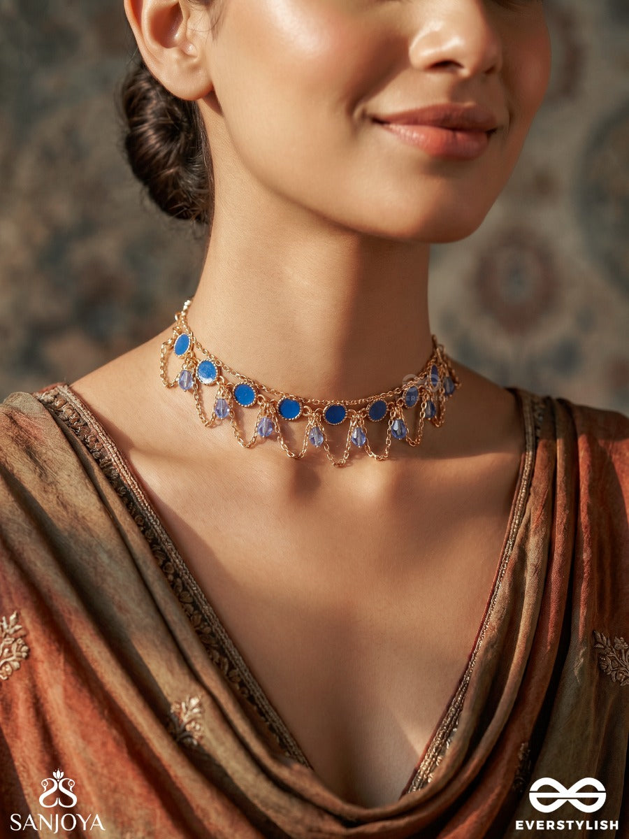 Ambunila – Blue Waters – Elegant Necklace With Blue Enamel Scallops, Pearl Accents And Golden Filigree