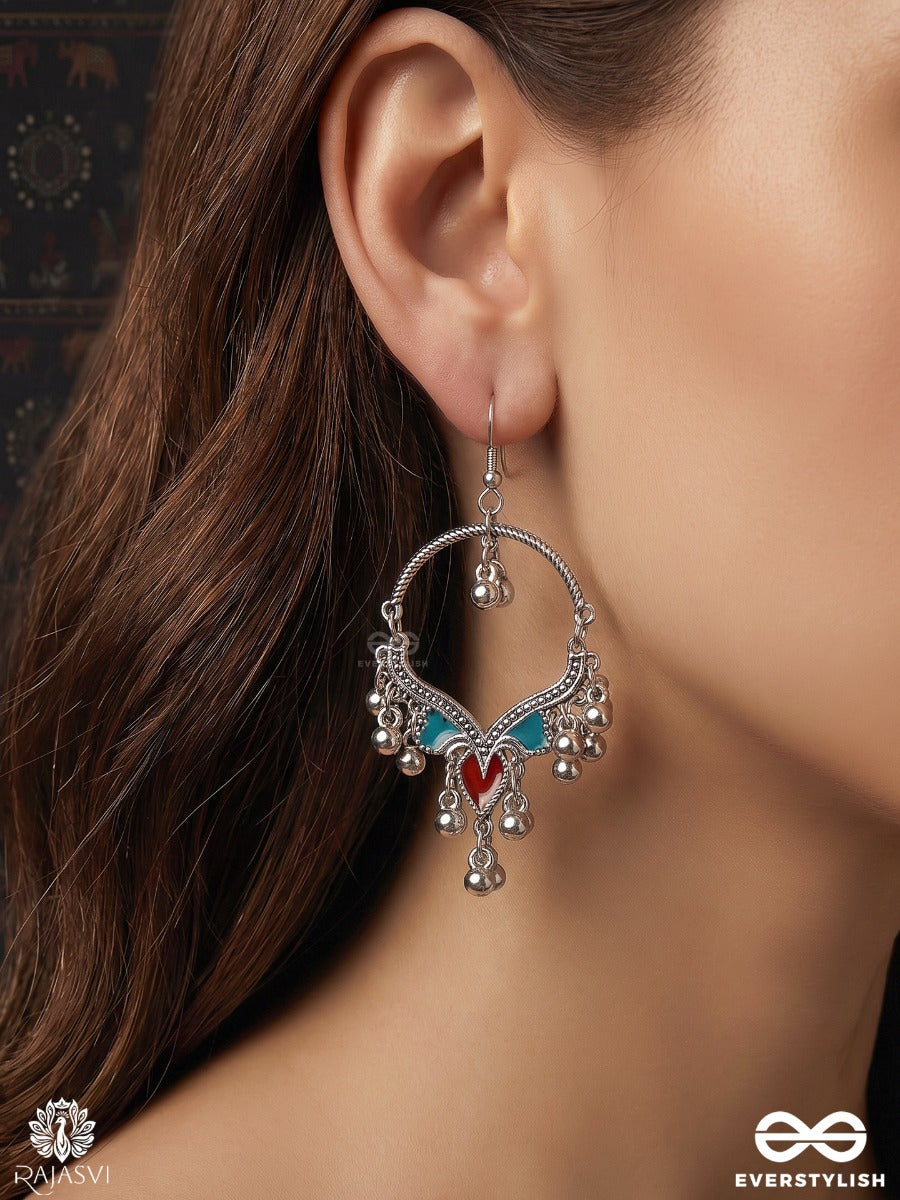 Hridini – Oxidised Hoop Earrings With Red And Turquoise Enamel Accents And Ghungroo Drops