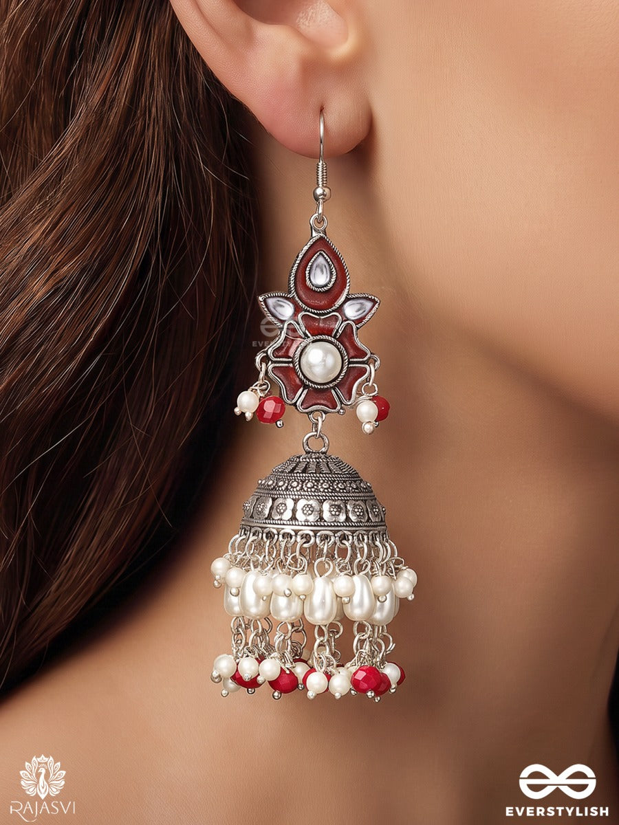 Manika – Oxidised Jhumka Earrings With Pearl Clusters And Red Bead Accents