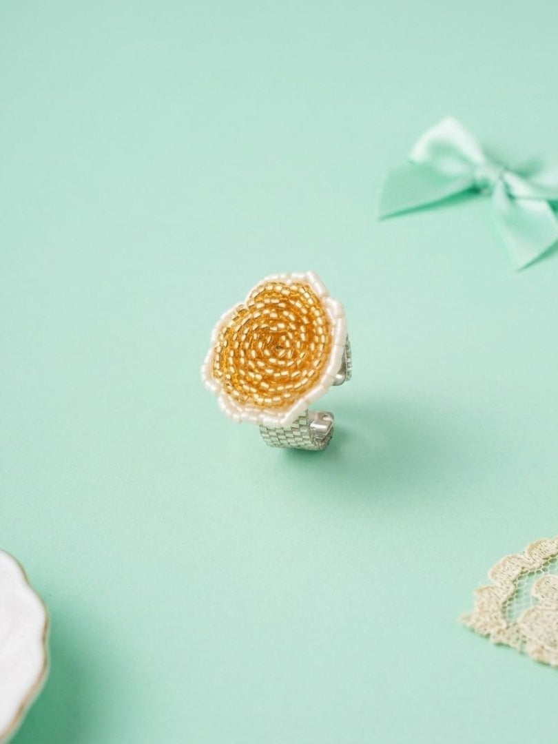 Honey Bloom - Gold & Ivory Beaded Flower Statement Ring