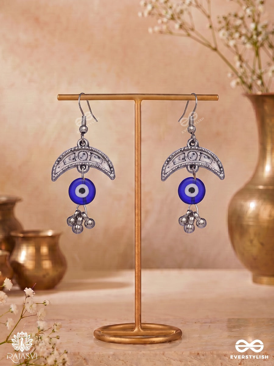 Chandranazar – Oxidised Crescent Earrings With Blue Nazar Beads And Ghungroo Drops