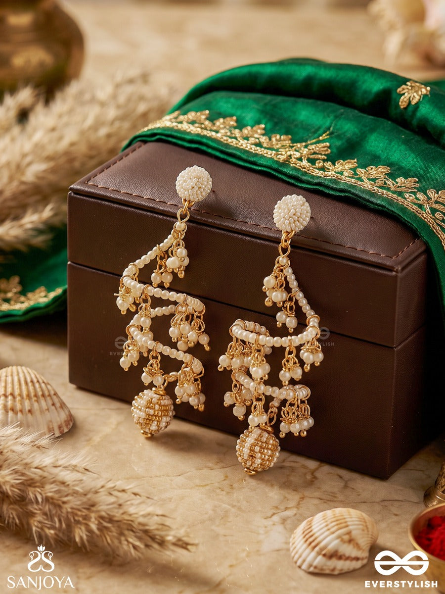 Ilampari – Young Crescent Moon – Sculptural Earrings With Cascading Pearl Clusters, Lustrous Pearl Chains And Ornamental Drop