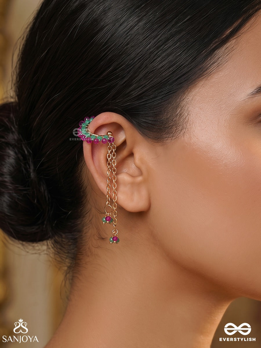Manikarna – Jewelled Ear – Festive Single Earcuff With Pink-Green Bead Curve, Gold-Tone Chain Drops And Delicate Bead Cluster Ends