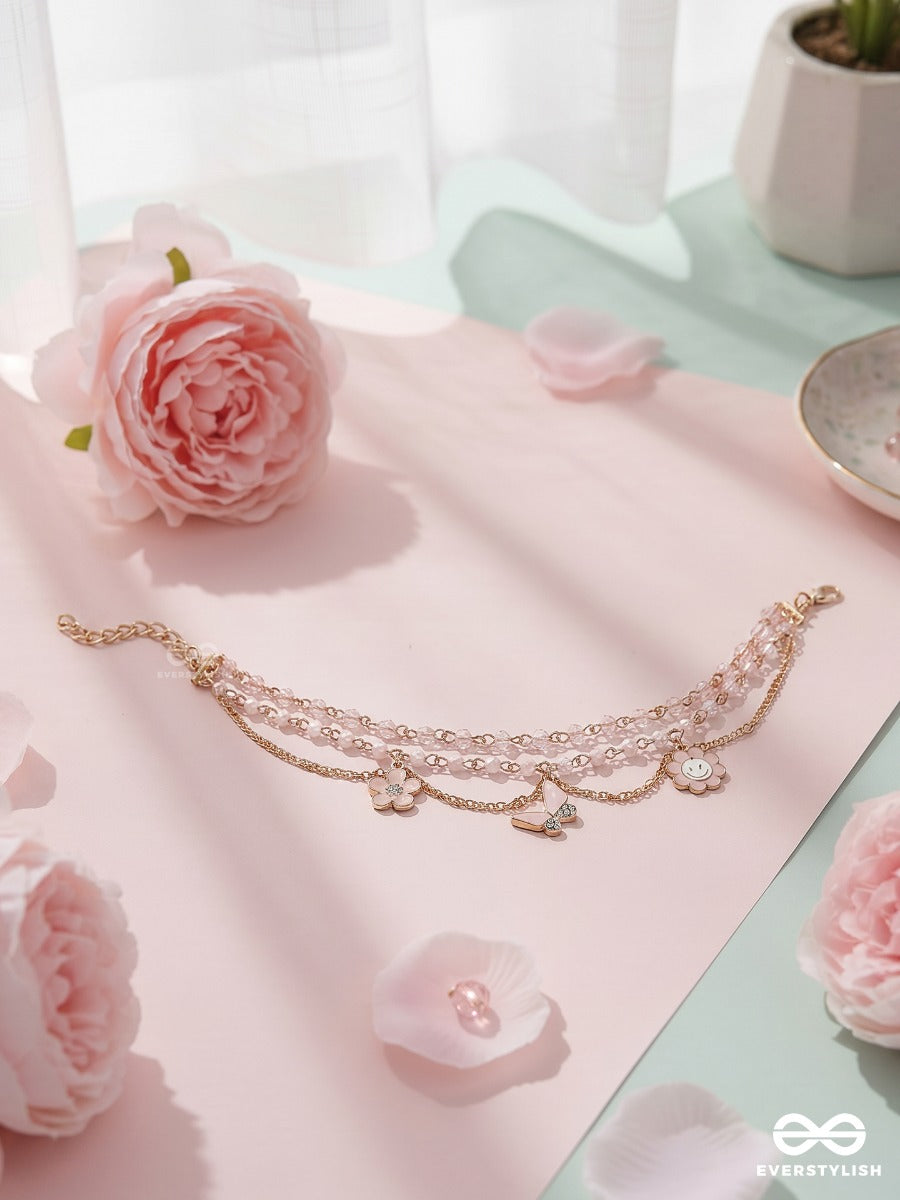Pink Whimsy – Golden Layered Pearl Anklet (Single) With Pearl Strands, Floral And Bow Charms