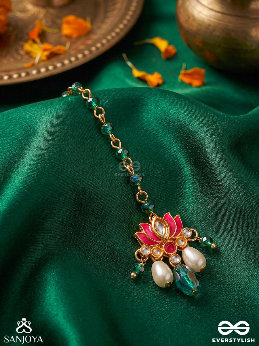 Karnika – Lotus Heart – Heritage Maangtika With Lotus Motif, Turquoise Bead Chain, Emerald Drops And Pearl Accents
