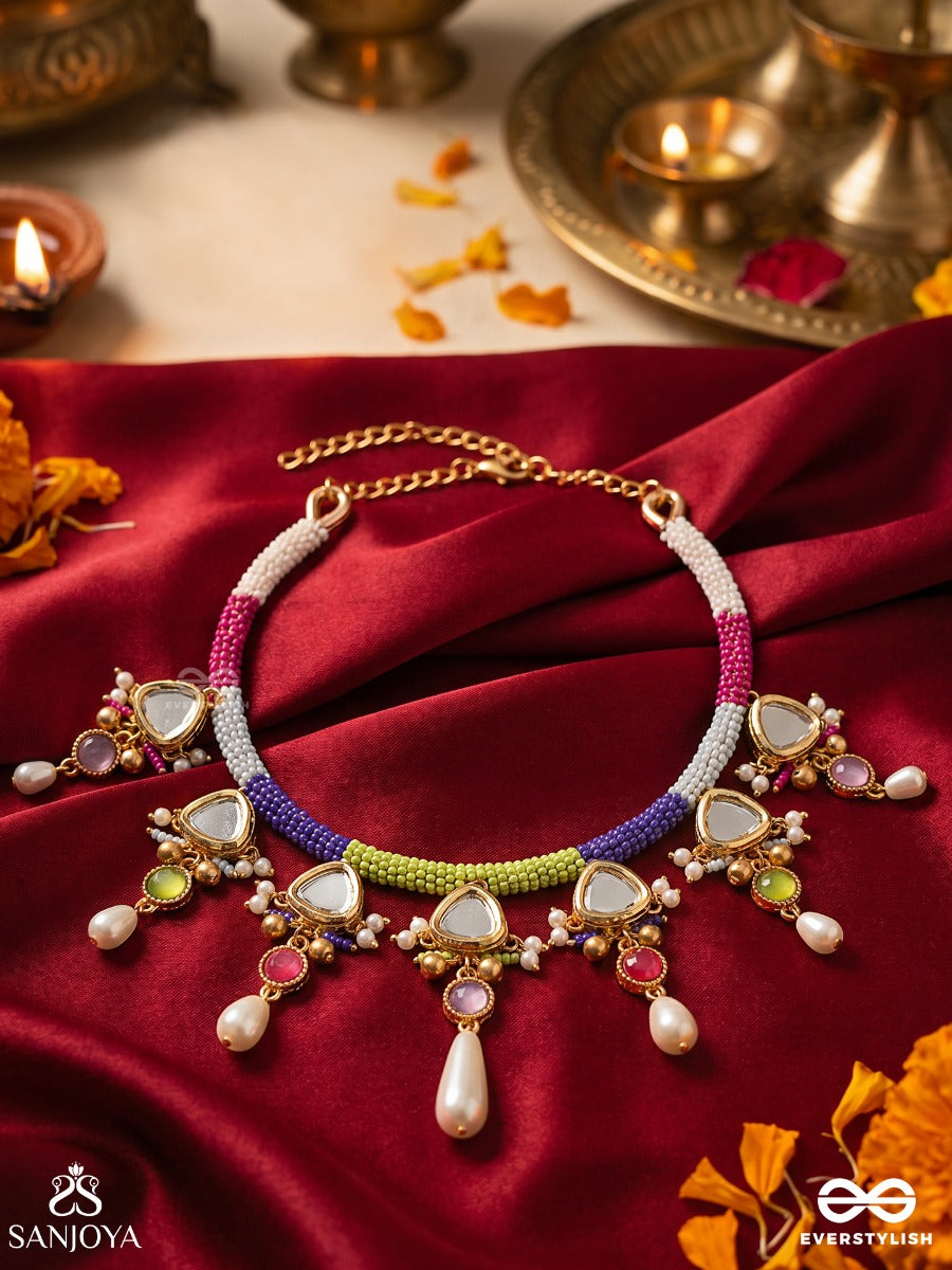 Ranghasli – Coloured Collar – Ornate Hasli Necklace With Multi-Thread Wrapped Base, Kundan-Like Triangle Motifs, Pearl Drops And Colourful Bead Accents