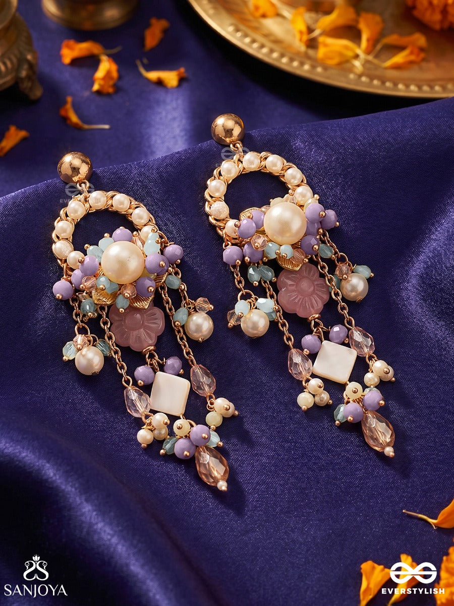 Mriduvani – Soft Melody – Elegant Earrings With Pearl-Edged Hoop Motifs, Blush Pink Floral Centers, Soft Pastel Bead Accents And Delicate Dangling Details