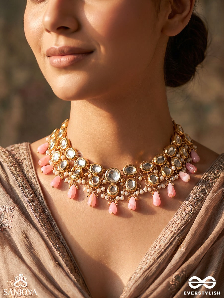 Pinkajyoti – Lotus Radiance – Heritage Necklace With Mirror Kundan Motifs, Pearl Clusters And Blush Pink Teardrop Accents