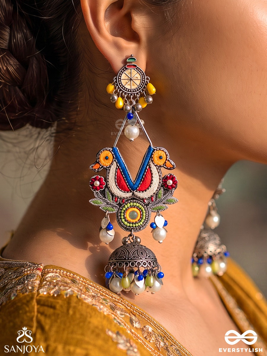 Dhoomri – Festive Spirit – Navratri-Inspired Earrings With Colourful Folk Threadwork, Oxidised Jhumkas, Pearl Drops And Vibrant Bead Accents
