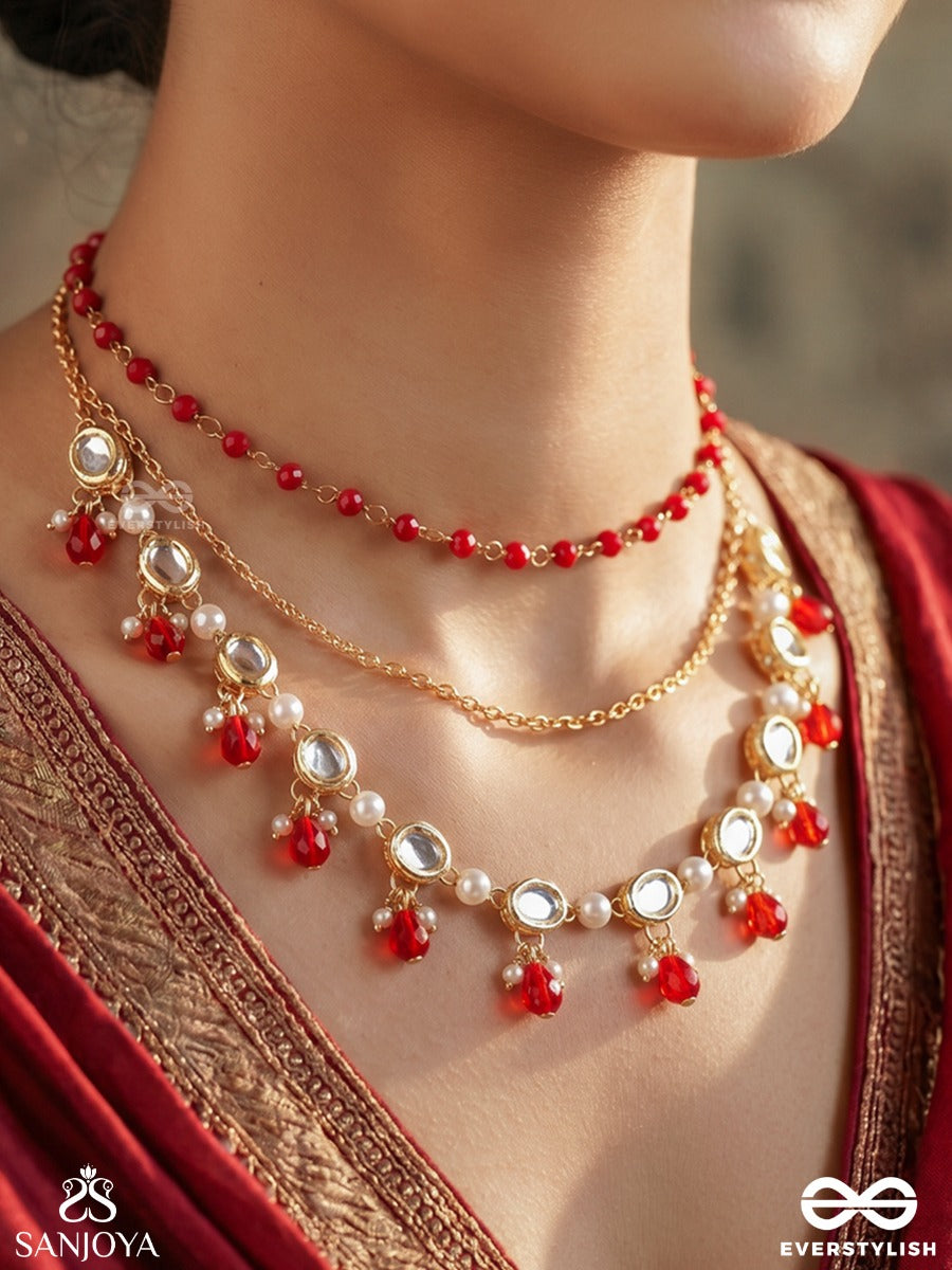 Kshitijika – Horizon Of Beauty – Convertible Body Jewellery That Styles As A Necklace Or Shoulder Chain With Ruby Bead Accents, Pearl Drops And Draped Chains