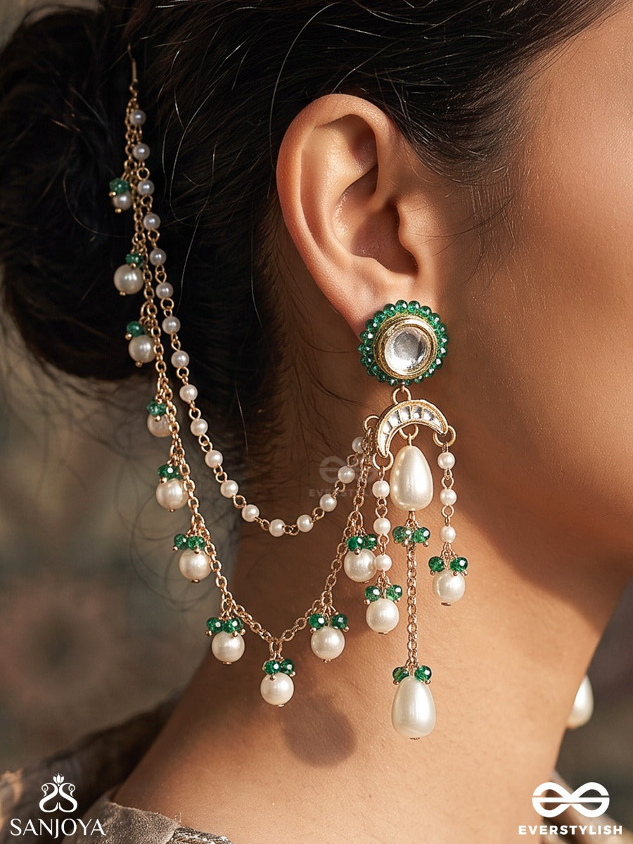 Quinara – Precious Grace – Elegant Ear Chain Earrings With Emerald Bead Accents, Lustrous Pearl Drops, Layered Golden Chains And Ornate Circular Stud Detailing