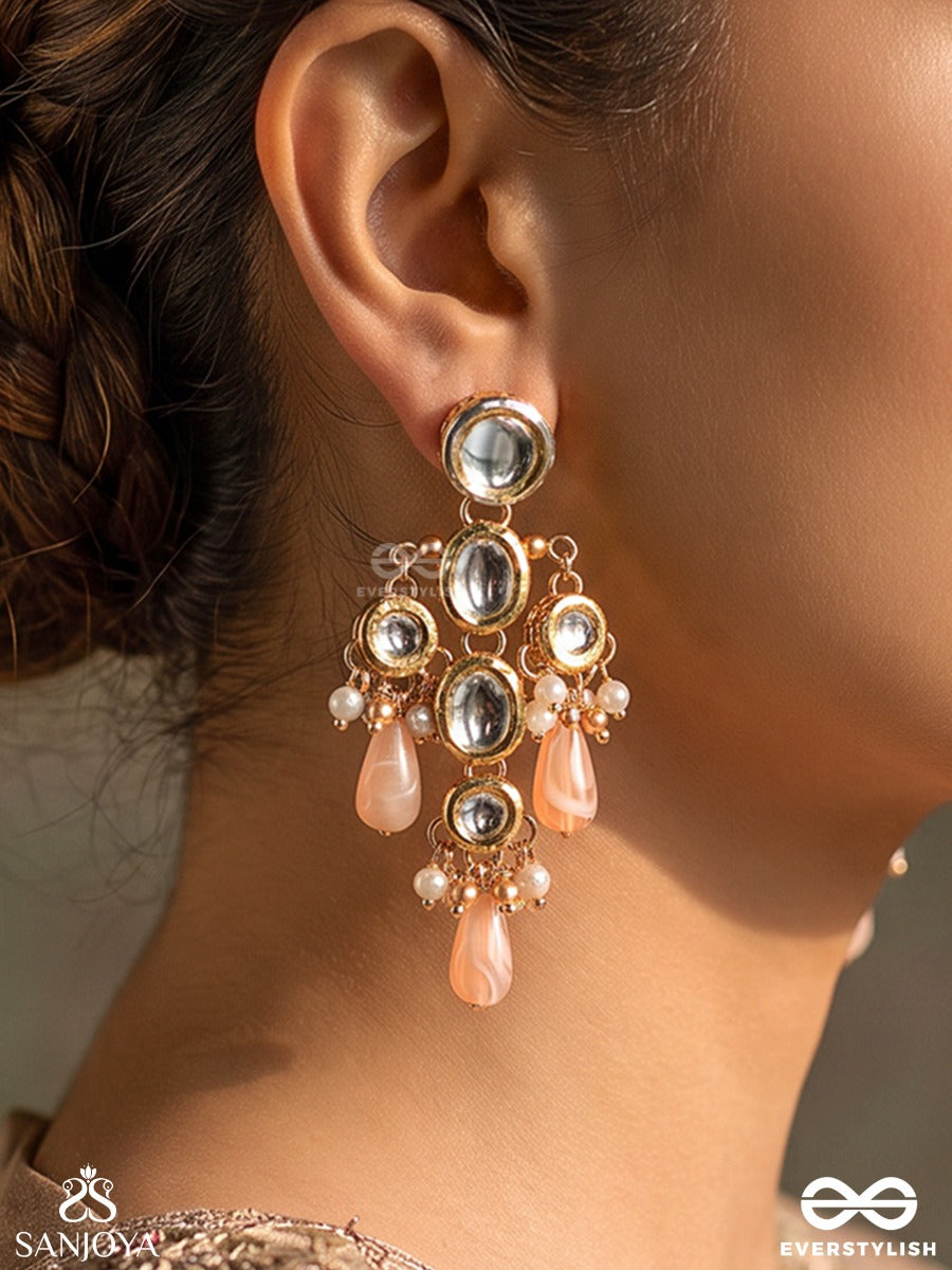Tavishi – Radiant Grace – Heritage Earrings With Mirror Kundan Motifs, Blush Pink Teardrop Danglers And Pearl Accents