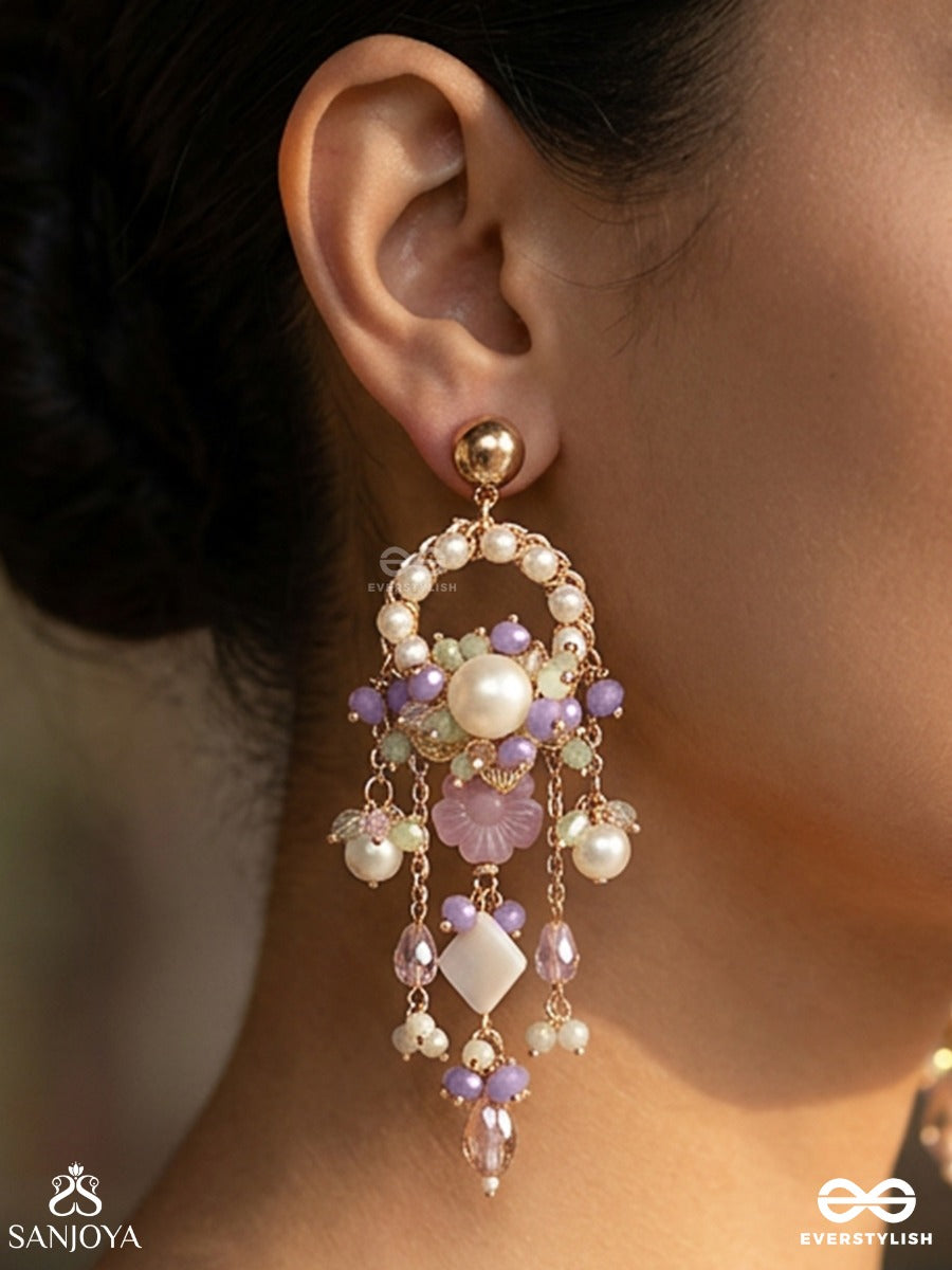 Mriduvani – Soft Melody – Elegant Earrings With Pearl-Edged Hoop Motifs, Blush Pink Floral Centers, Soft Pastel Bead Accents And Delicate Dangling Details