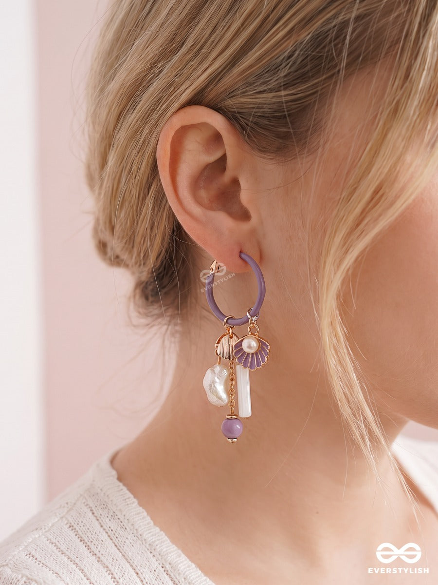 Mauve Marina – Purple Hoop Earrings With Shell And Pearl Charms