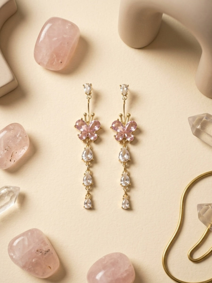 Lilac Dew - Silver-Tone Long Crystal Floral Drop Earrings