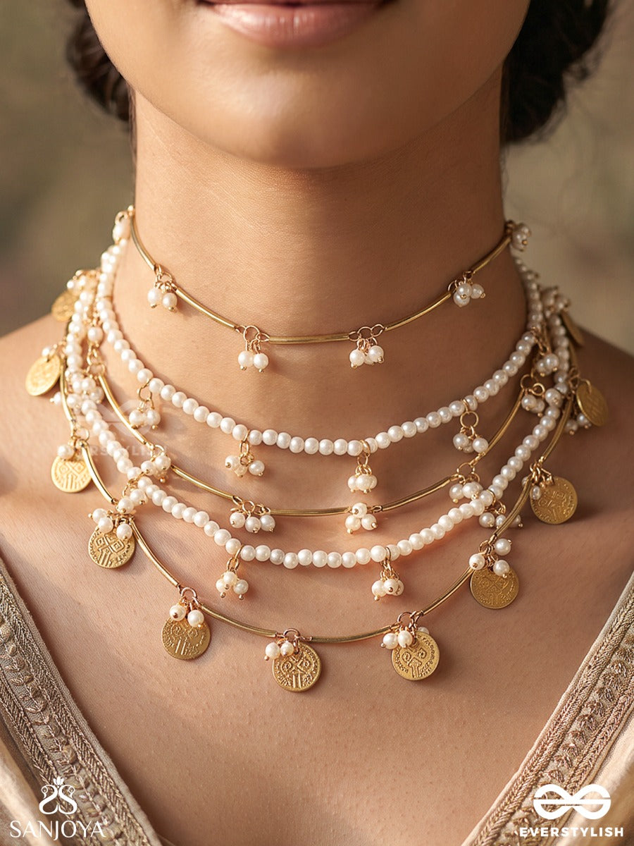 Zareenah – Golden Beauty – Multi-Purpose 3-In-1 Layered Chain With Pearl Strands, Floral Clusters And Golden Coin Charms