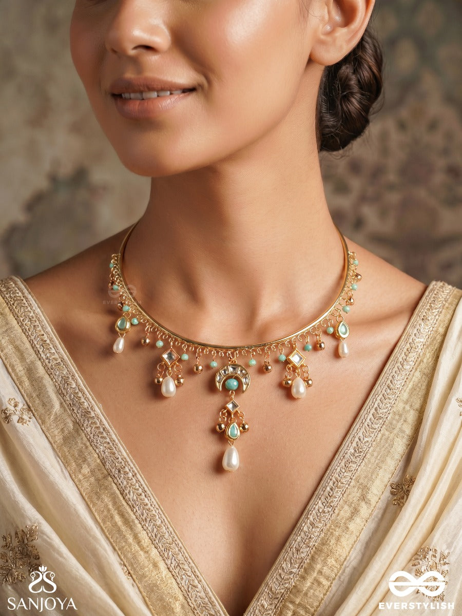 Waridhini – Bearer Of Rain – Heritage Hasli Necklace With Aqua Enamel Motifs, Pearl Drops And Delicate Kundan Charms