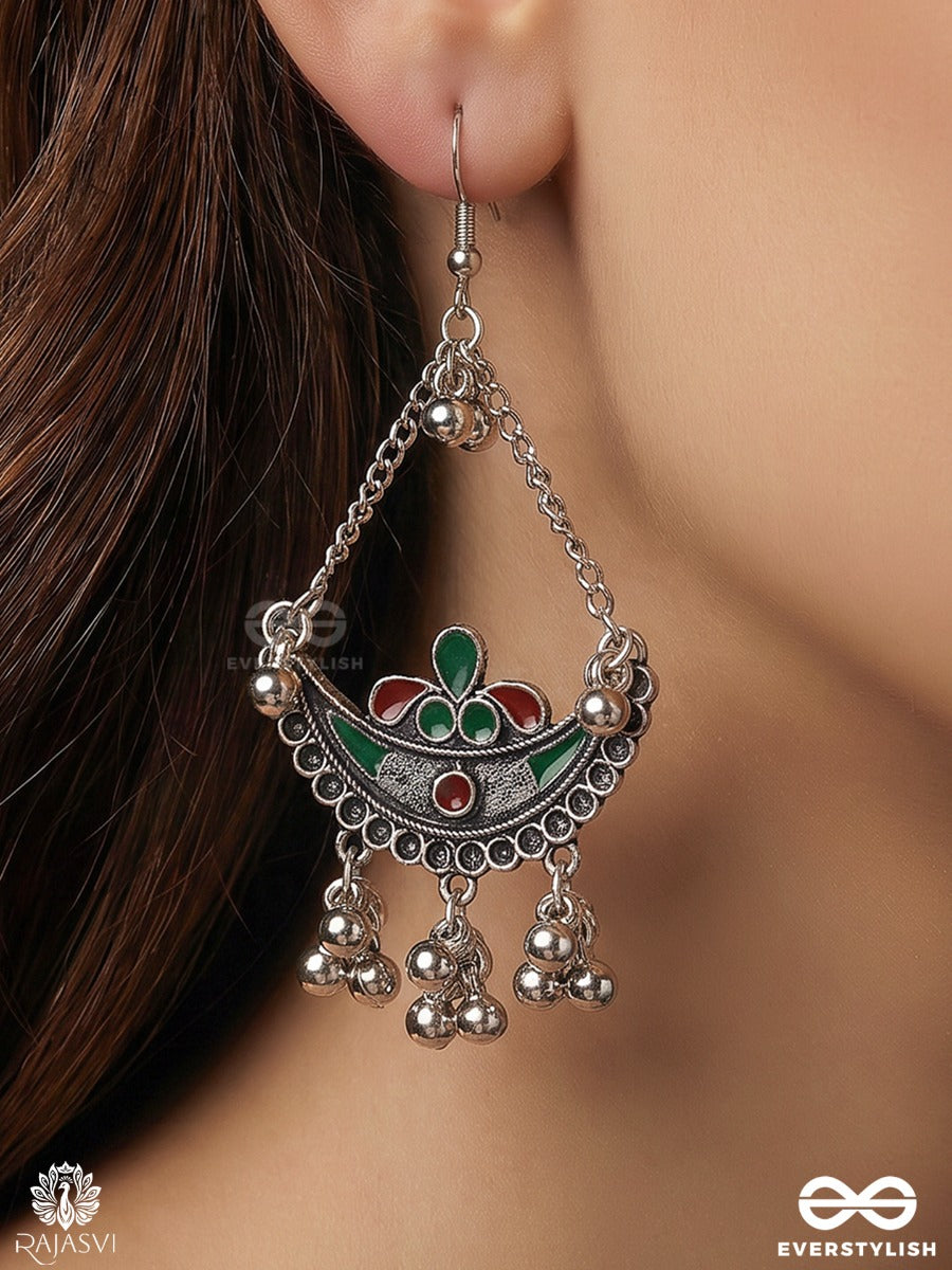 Vrindaja – Oxidised Earrings With Red-Green Floral Accents, Crescent Motifs And Ghungroo Drops