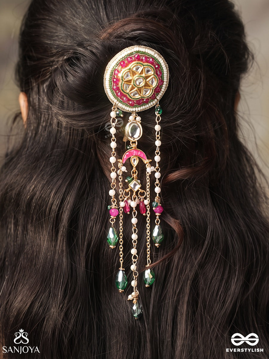 Chitramala – Garland Of Art – Heritage Hair Accessory With Kundan Medallion, Meenakari Detailing, Pearl Chains And Emerald Drops