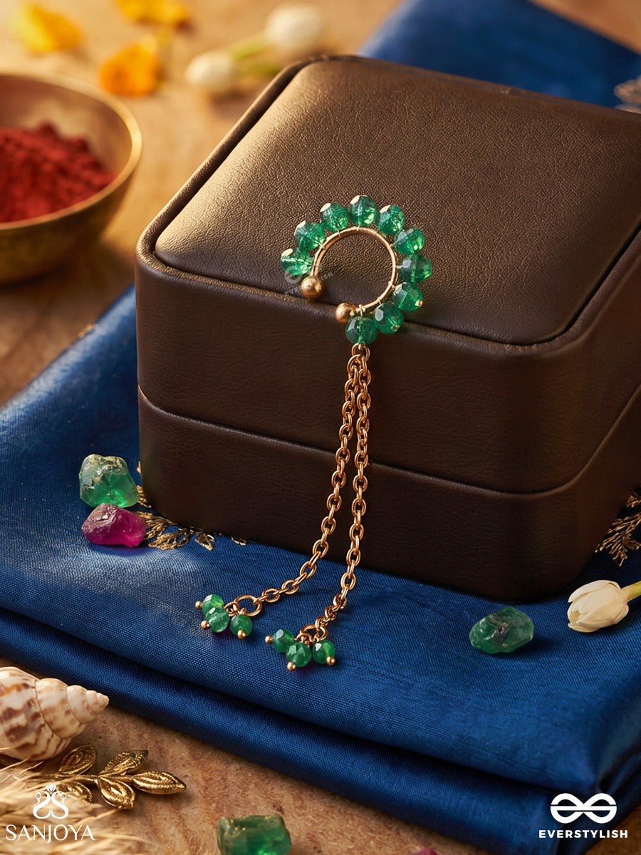 Vanakarni – Forest Ear Adornment – Ornate Single Earcuff With Green Bead Arc, Gold-Tone Chain Linking And Delicate Dangling Bead Accents