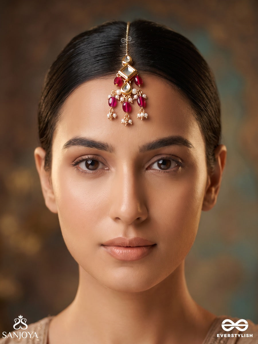 Kritanjali – Offering Of Grace – Heritage Maangtika With Kundan Centre, Ruby Drops, Pearl Clusters And Golden Filigree