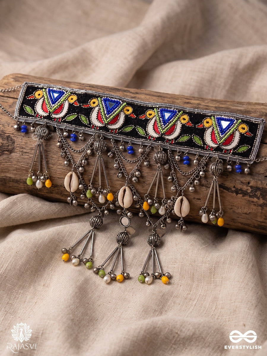 Raasrang – Colours Of Raas – Navratri Special Necklace With Colourful Folk Motifs, Oxidised Ghungroos And Cascading Danglers