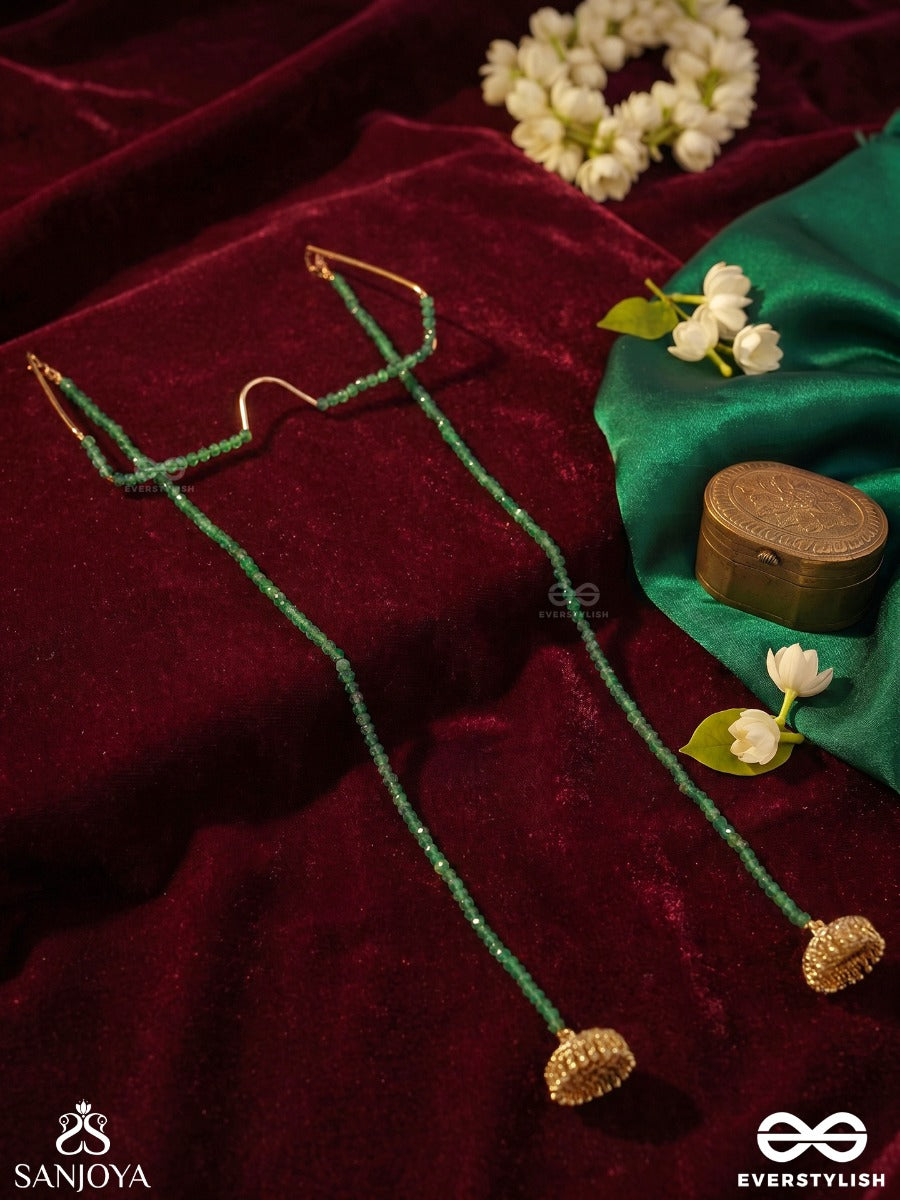 Kaumodini – Moonlit Bloom – Elegant Facelet With Green Gemstone Chains, Pearl Accents And Delicate Danglers