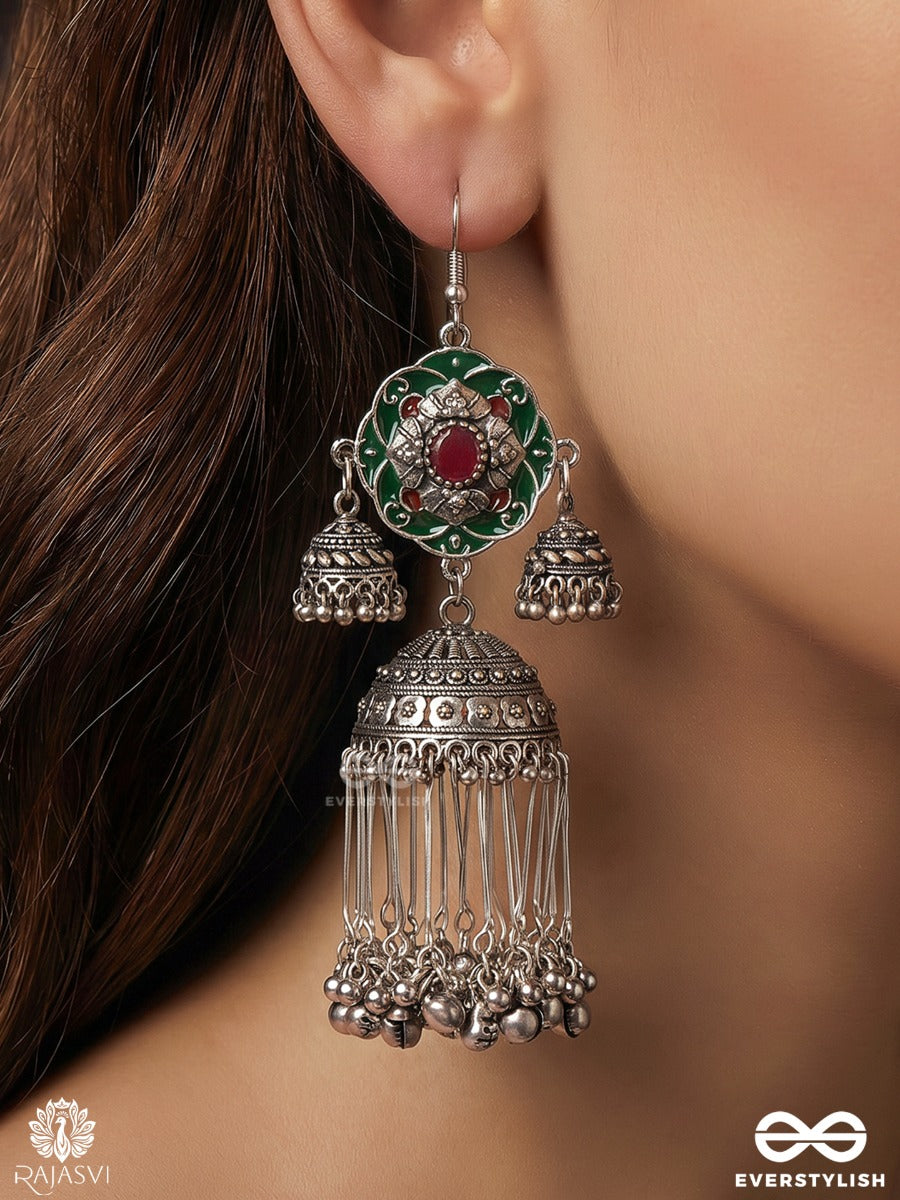Mehfiza – Oxidised Earrings With Red-Green Enamel, Jhumki Motifs And Ghungroo Tassels