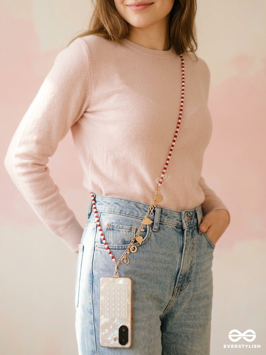 Cherry Call – Red Beaded Phone Sling With Gold-Tone Details
