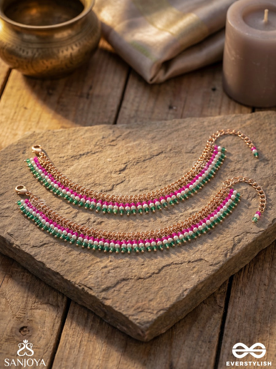Gulbaano – Floral Lady – Festive Pajeb (Anklet) Set Of 2 With Layered Pink And Green Fringes And Bead Details