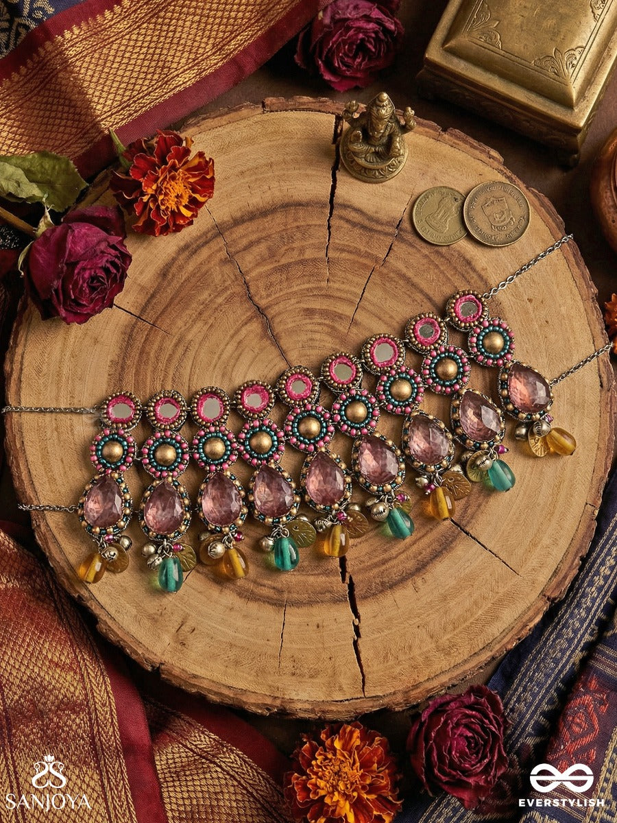 Vashikrit - The Hypnotic Tiers - Mirror, Stones, Coins And Glass Drops Hand Embroidered Oxidised Choker Neckpiece