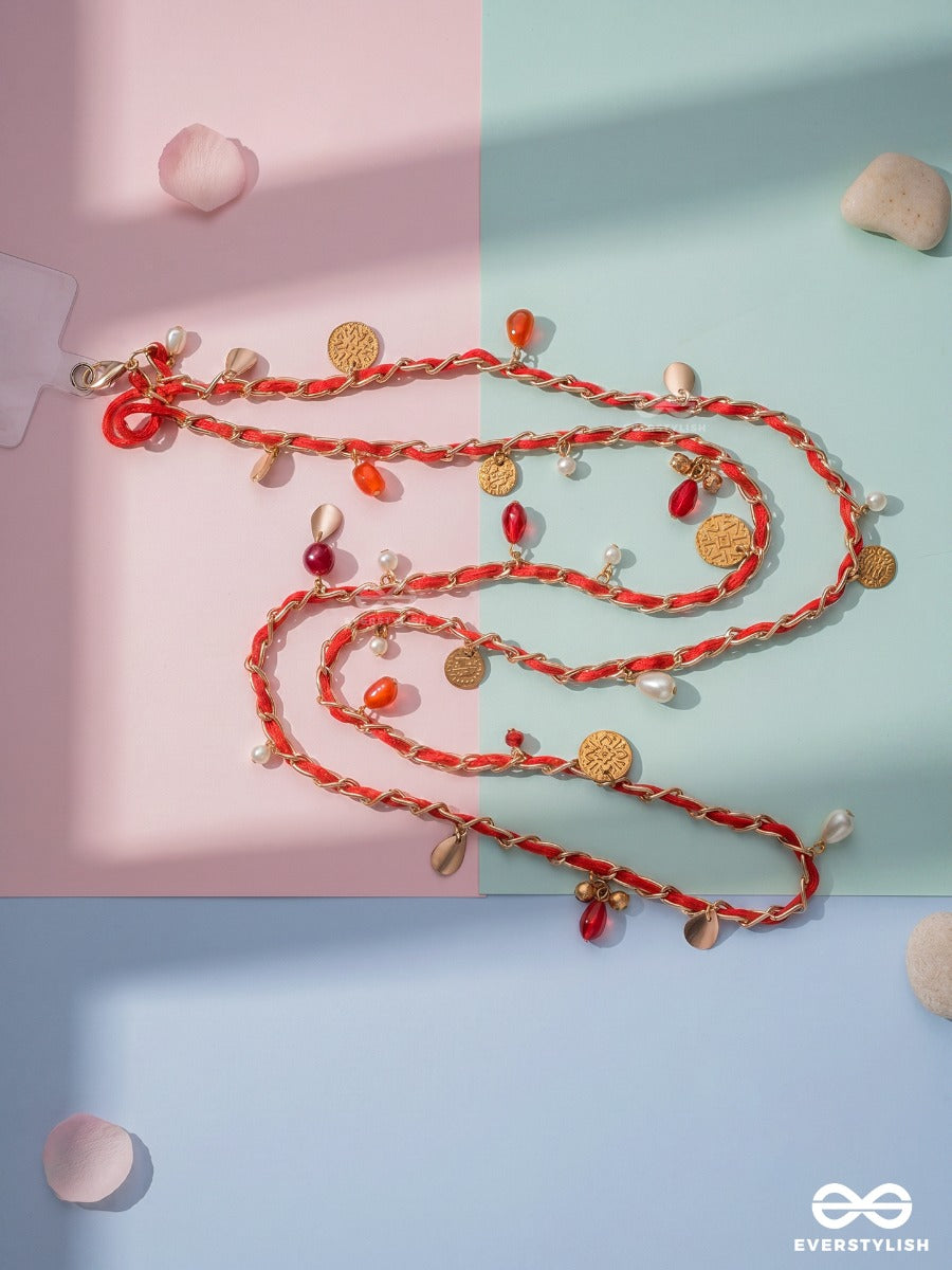 Crimson Charm – Braided Phone Sling With Gold Coins, Pearls And Red Beads