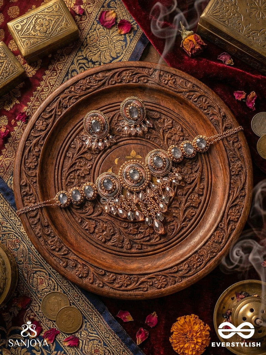 Bijaksara - The Secret Spell - Stones, Beads And Glass Drops Hand Embroidered Set With Choker Neckpiece & Earrings