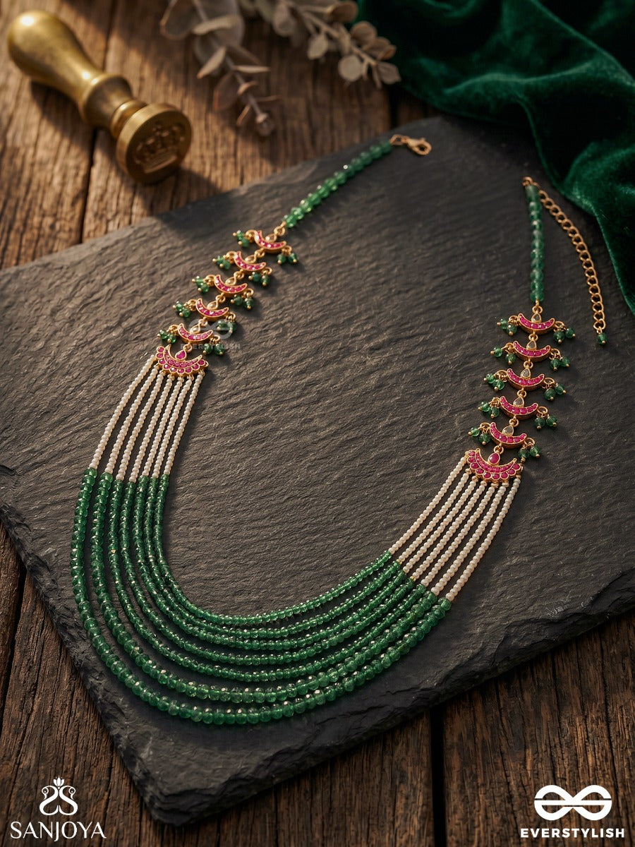 Ruhaanika – Soulful Elegance – Multi-Layer Rani Haar With Emerald Bead Strands, Pearl Layers And Enamel Crescent Motifs