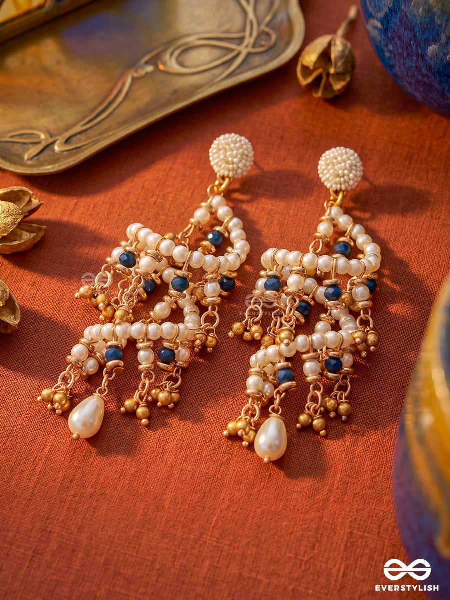 Ivory Galaxy – Pearl Spiral Earring With Golden And Midnight Blue Bead Crystals