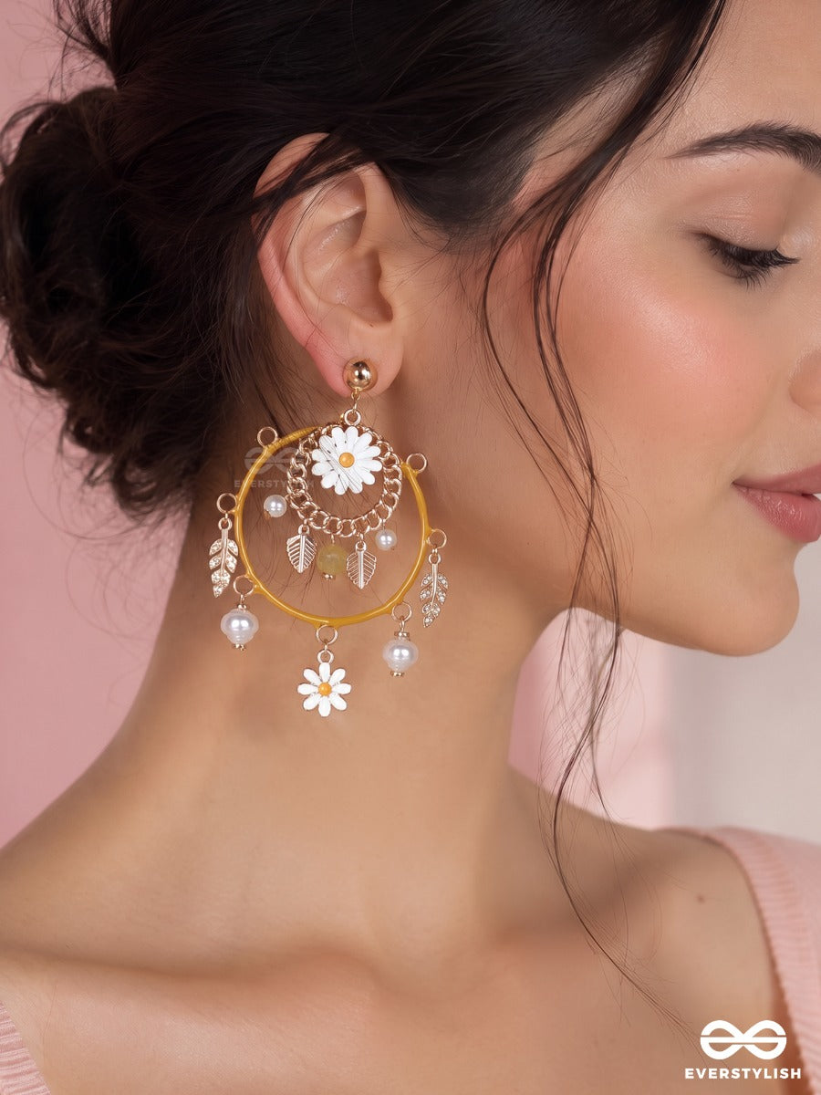 Honey Garden – Mustard Statement Hoop Earrings With Floral And Pearl Charms