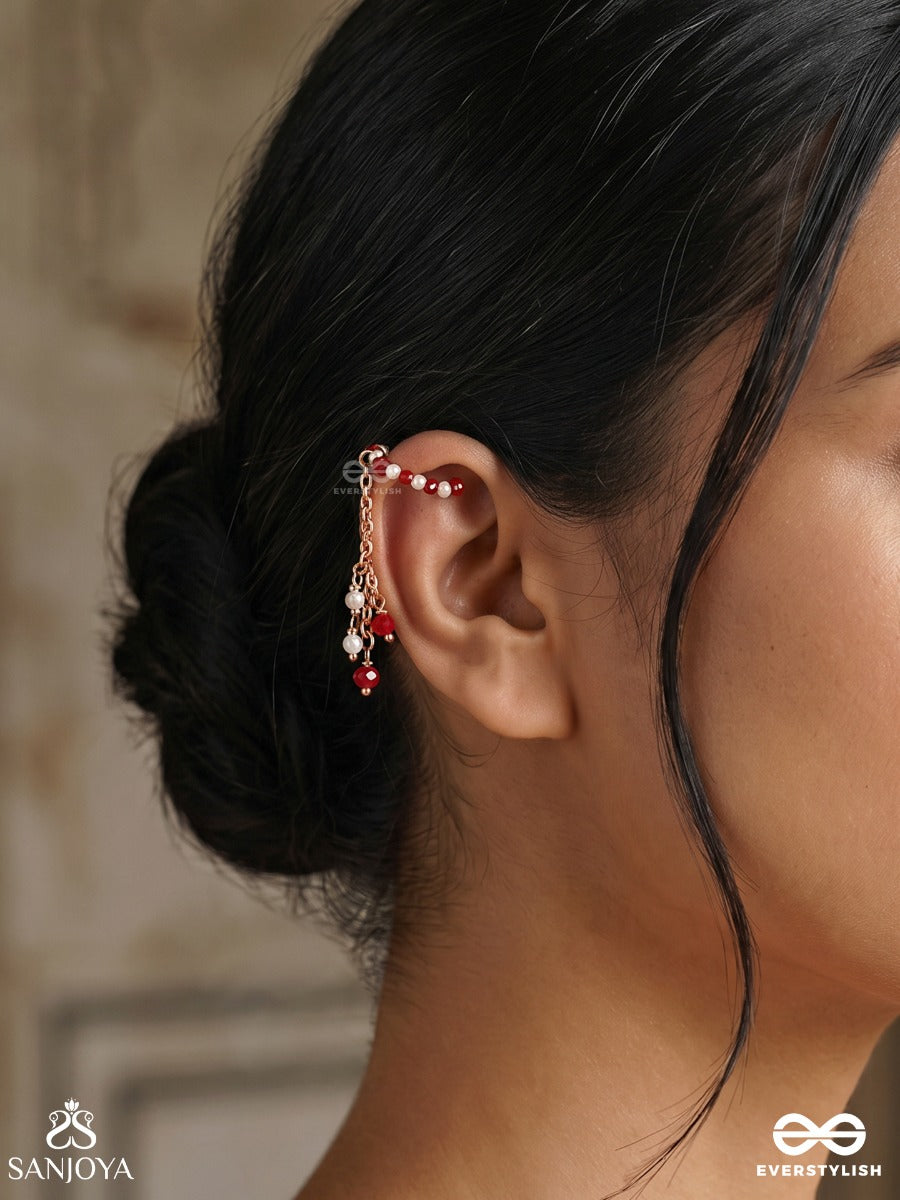 Raktalata – Crimson Creeper – Ornate Single Earcuff With Red Bead-Lined Hoop, Delicate Gold-Tone Chain Link And Dainty Dangling Accents