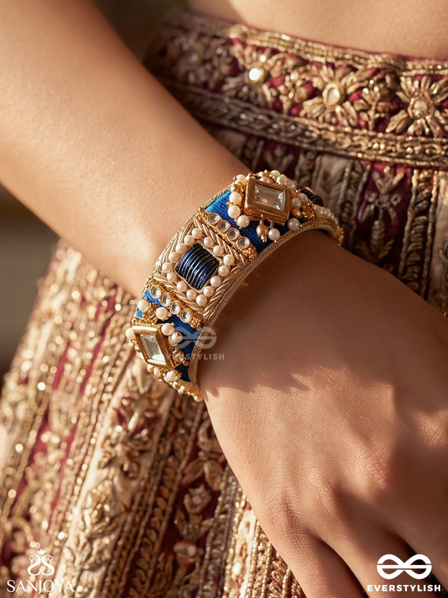 Mayukh – Ray Of Light – Heritage Bangle (Single) With Navy Threadwork, Mirror Kundan Motifs, Pearl Clusters And Handwoven Golden Detailing