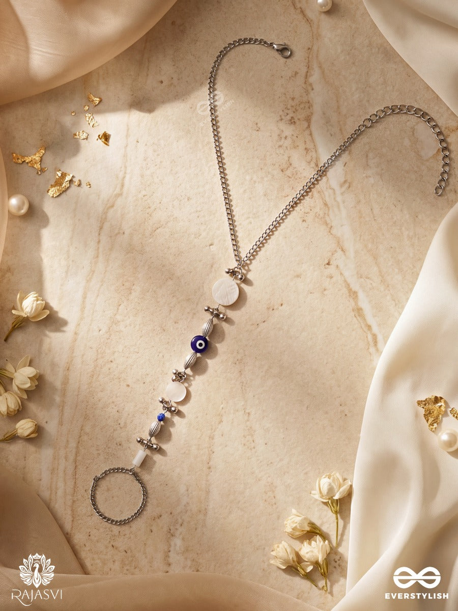 Nayantara – Oxidised Anklet (Single) With Blue Evil-Eye And White Beads