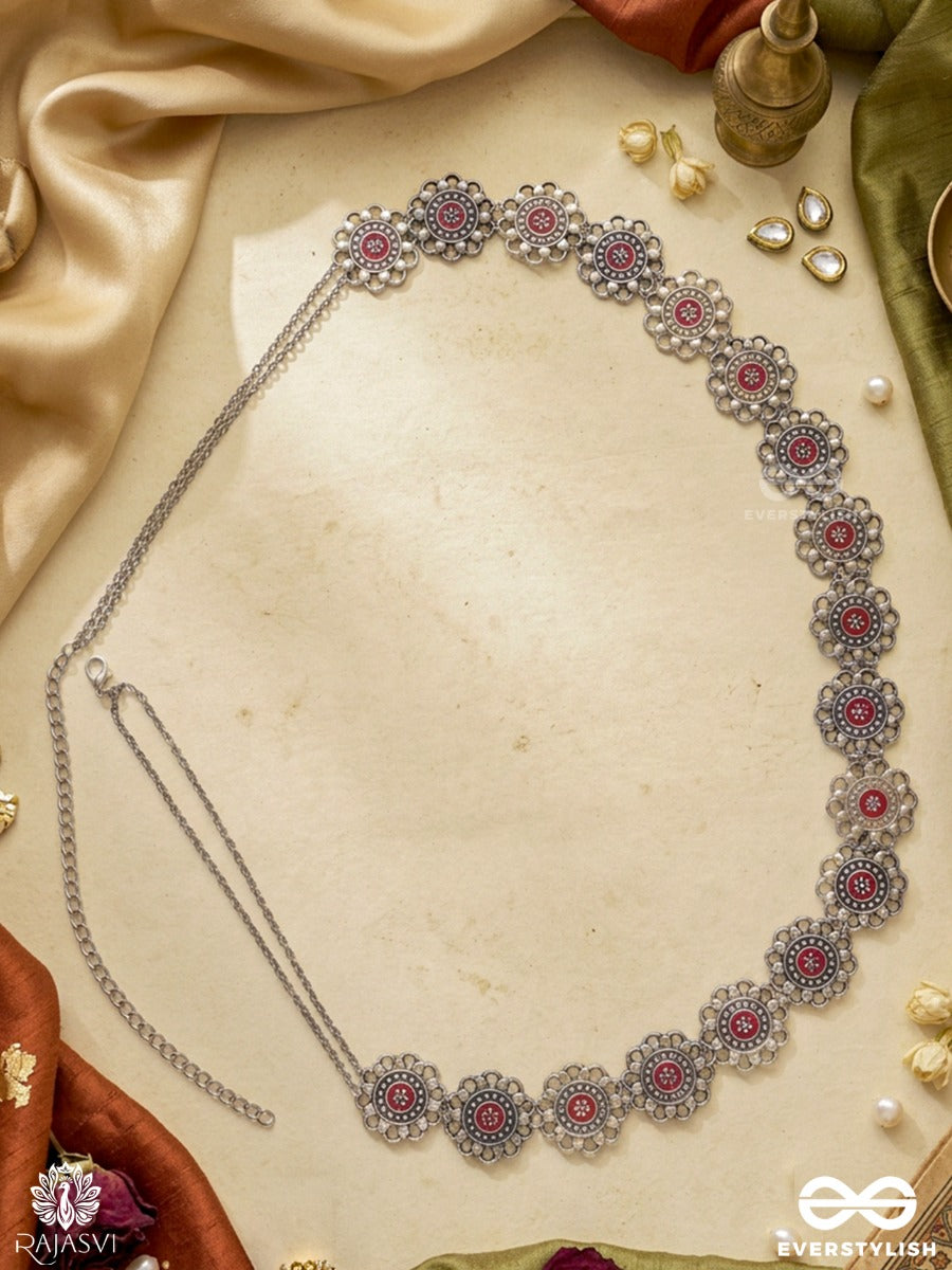 Tarangini – Oxidised Waist Chain With Red Stone Accents And Ornate Floral Motifs