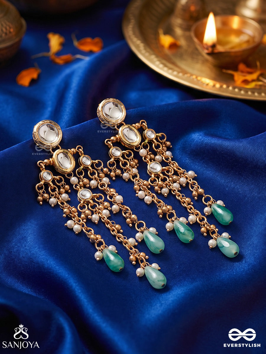 Tanirika – Water-Born Beauty – Heritage Earrings With Mirror Kundan Motifs, Pearl Clusters, Cascading Chains And Aqua Drop Accents