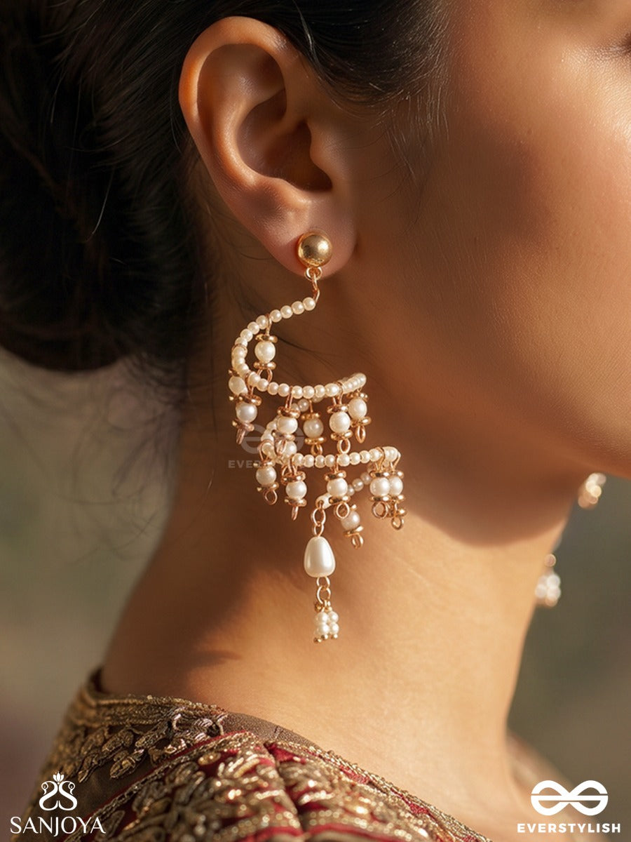 Sarangika – Melodious Beauty – Sculptural Earrings With Spiral Pearl Coils, Golden Accents And Lustrous Pearl Pendants