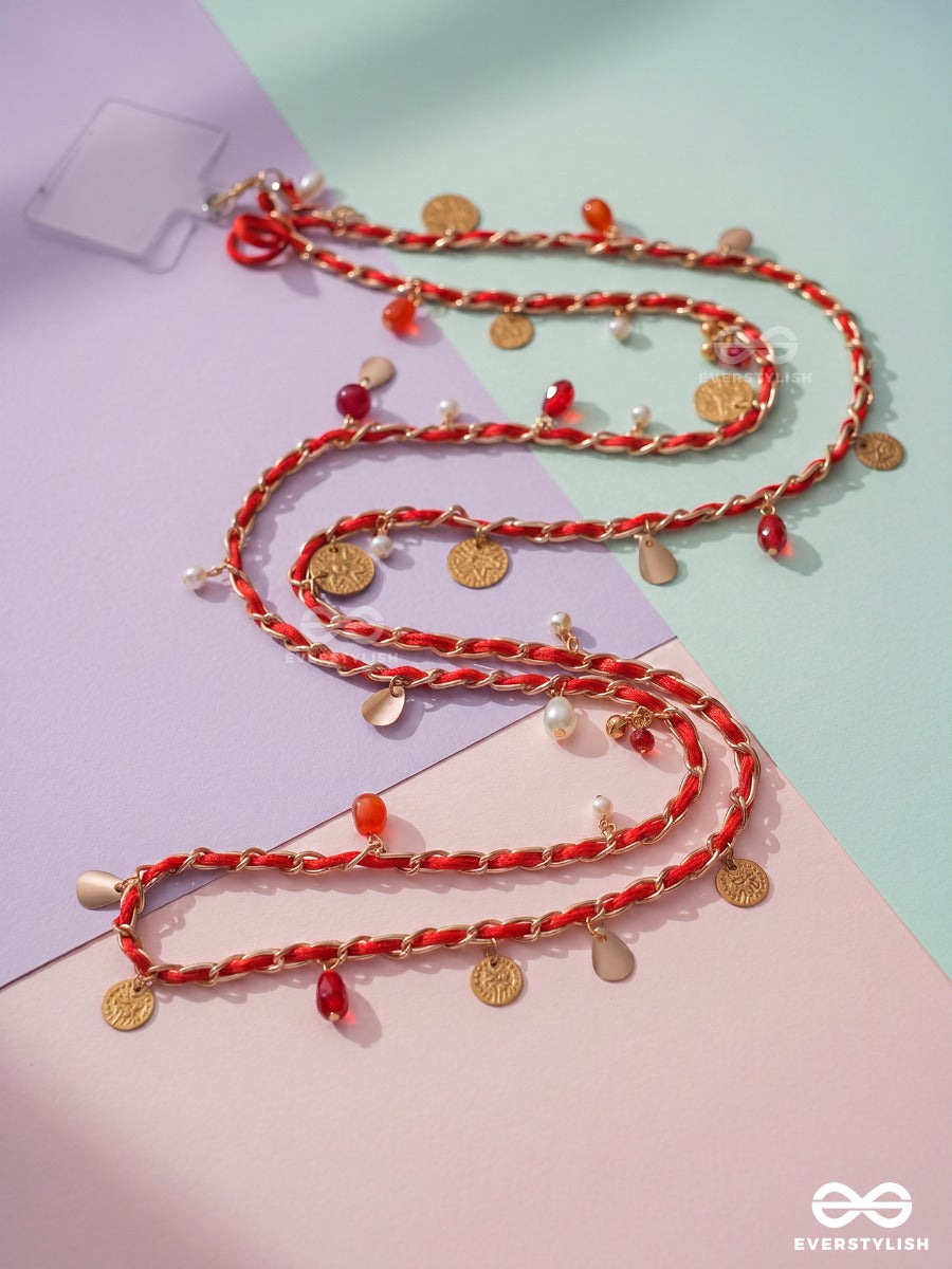 Crimson Charm – Braided Phone Sling With Gold Coins, Pearls And Red Beads
