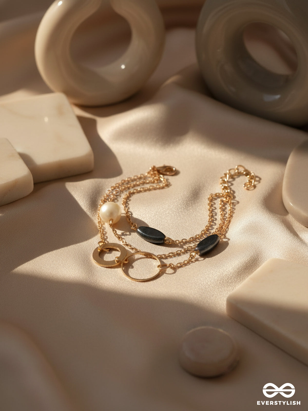 Day 'N' Nite- Pearl And Stones Studded Golden Bracelet